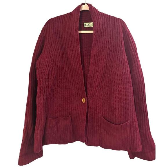 L.L. BEAN Vintage 70s/80s Dark Red 100% Shetland Wool Chunky Cardigan Sweater XL - Picture 1 of 3